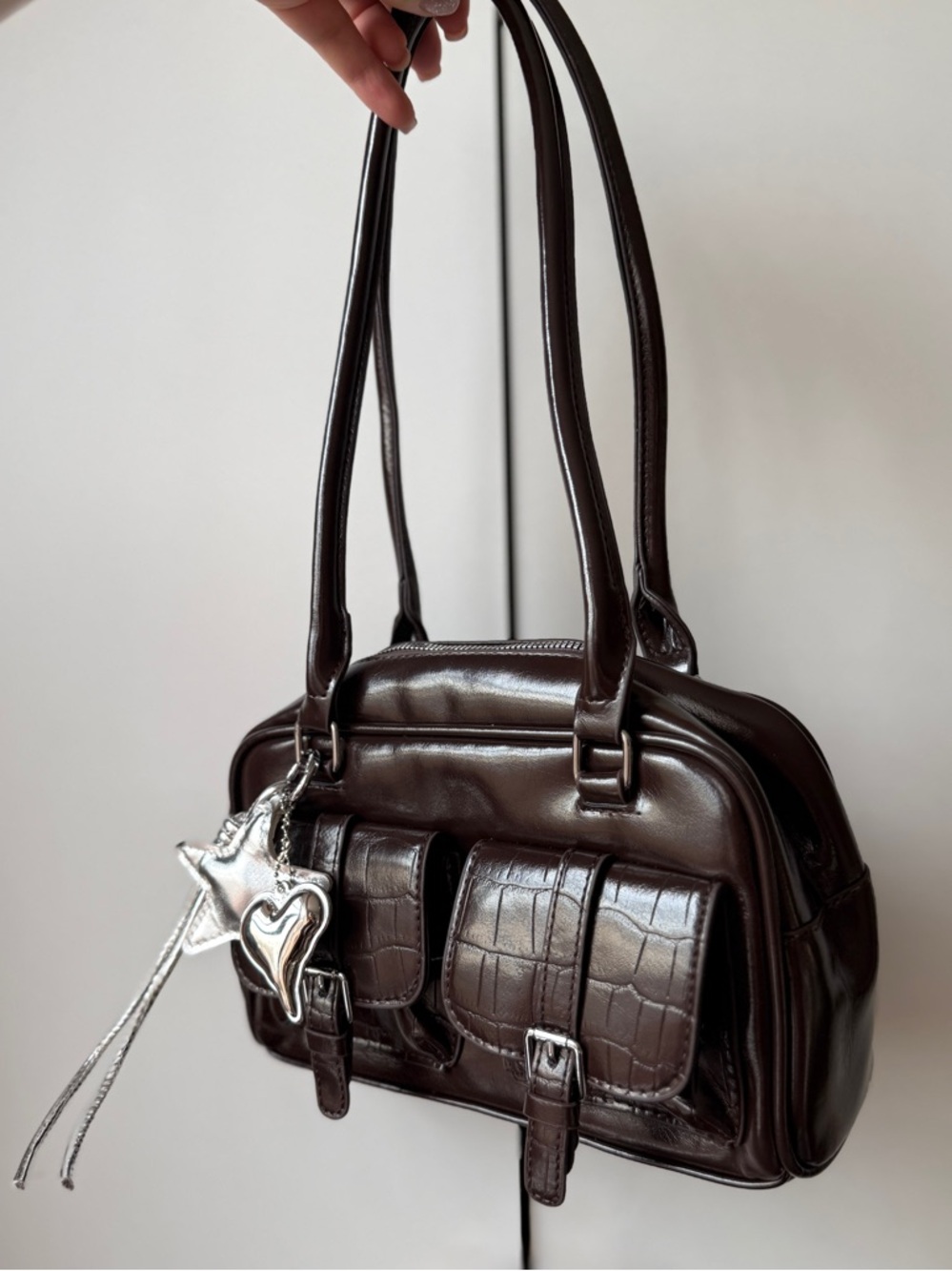 Classic Dark Brown Women's Shoulder Bag with Removable Charm New